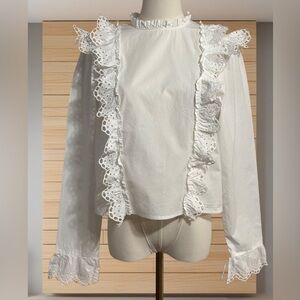 Prairie Cottagecore White Lace Ruffle Blouse Romantic Top 100% Cotton S